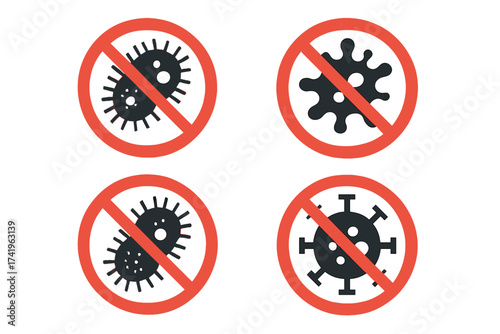 Stop virus bacteria icon set. Antibacterial and antivirus forbidden sign. No microbes germ symbol. Health protection label concept. Disinfection hygiene vector illustration.