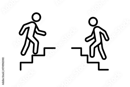 Stickman walking upstairs and downstairs vector icon. Concept of career ladder, progress, growth, and failure. Metaphor for success, challenge, obstacle, opportunity, gap.
