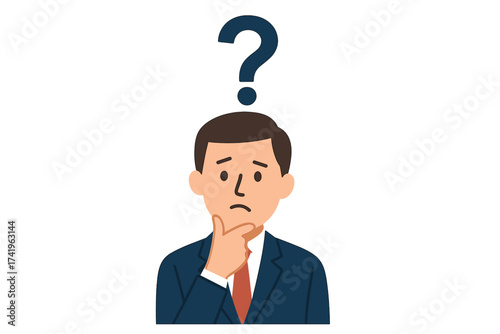 Businessman with a question mark symbol. Man thinking and confused. Concept of doubt, problem, searching for a solution. Pensive character avatar. Business challenge illustration.