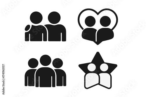 Friendship icon set. People group, team, and couple in love. Social connection, community, partnership concept. Together, support, user profile pictogram. Black glyph vector.