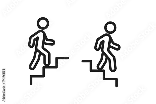 Stickman walking up and down stairs icon set. Vector illustration of a stick figure on a staircase. Concept of progress, career, success, failure, direction, ascent, descent.
