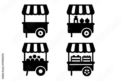 Street food cart and market stall icon set. Vector glyph silhouette illustration of a vendor kiosk with fruits, produce and cakes. Local small business, farmers market concept.