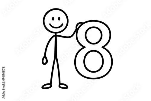 Stickman holding number 8. Character showing digit eight. Education, counting, math concept. Simple person icon. Happy doodle figure. Vector illustration for school, ordered set.