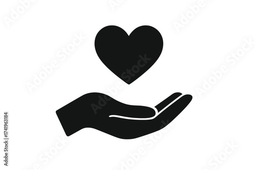 Care icon vector with hand holding heart. Symbol of love, charity, donation and health. Metaphor of kindness, support, help and compassion. Life insurance and healthcare.