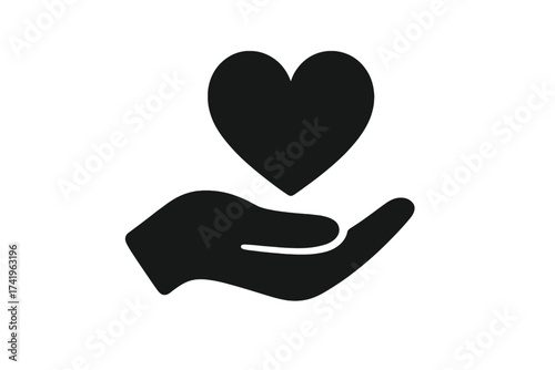 Care icon with hand holding heart symbol. Vector illustration for love, charity, and support. Health care and donation concept. Kindness, compassion, and helping hand logo.