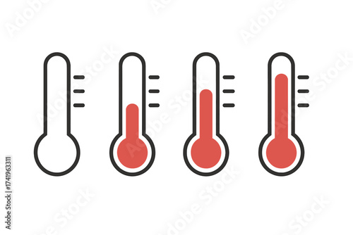 Thermometer icon set showing temperature level. Weather forecast symbol. Vector illustration of thermometers showing cold, warm and hot degrees. Climate measurement progress.