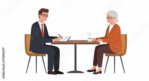 A professional man in a suit and tie sits at a table, taking notes on a tablet, while an older woman in a blazer holds a steaming cup of coffee across from him.