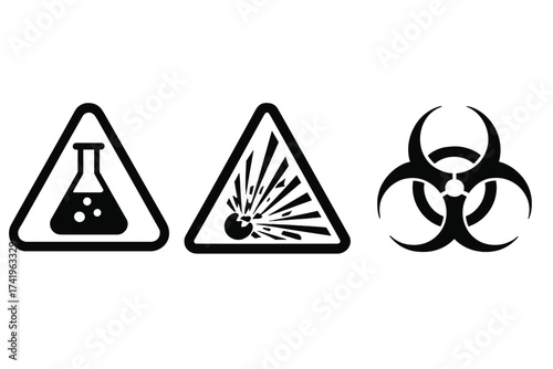 Threat icon set. Chemical, explosion warning and biohazard hazard symbol vector collection. Danger signs for toxic, explosive and biological risks. Isolated on white background.