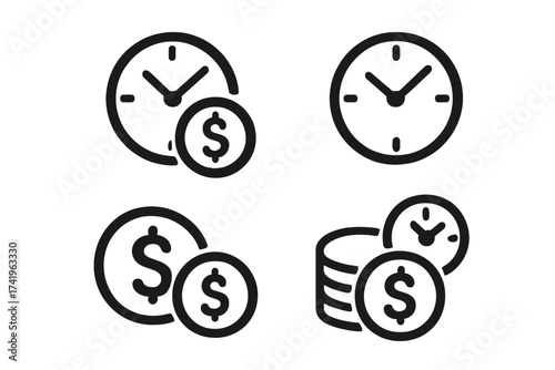 Time is money concept vector icon set. Business and finance management symbols. Clock, dollar coin for investment, value, cost, efficiency, salary, and economy pictogram.