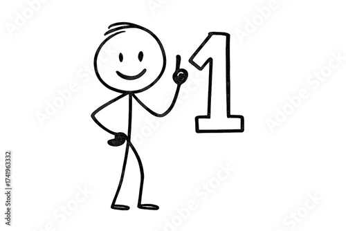 Stickman cartoon character showing the number one. Hand-drawn doodle figure pointing to first place. Vector illustration for winner, achievement, counting, and ranking concepts.