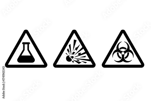 Hazard warning symbols set. Chemical, explosion and biohazard threat icons. Vector illustration of danger signs. Laboratory, explosive materials and biological risk pictograms.
