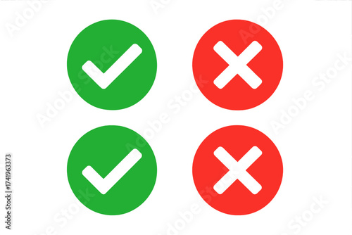 Vector check mark and cross icon set. Green tick and red X symbols for right, wrong, yes, no choice concepts. Approve and reject buttons for web and app design illustration.