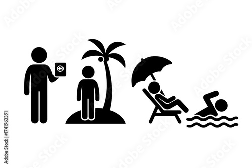 Travel icon set. Stickman with passport, on island, relaxing, swim vector illustration. Stick figure tourist character. Summer vacation pictogram symbol people silhouette.