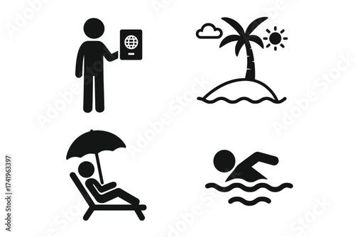 Travel and vacation icon set. Stick figure tourist with passport, tropical island, sunbathing and swimming symbols. Summer holiday and tourism pictogram collection vector.