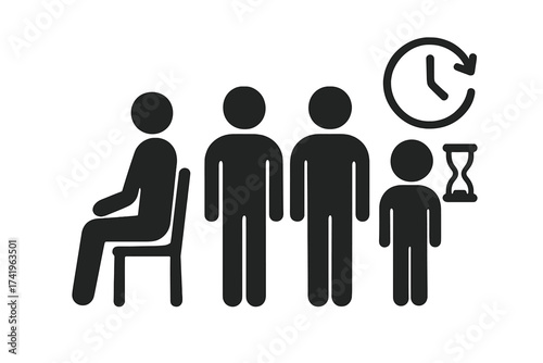 Group of people waiting in line vector icon. Crowd standing in an ordered queue with clock and hourglass. Concept for patience, customer service, job interview, and long wait.