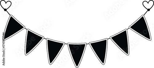 Black party flags with hearts on a string silhouette on transparent background