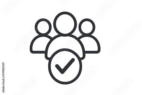 Approved users icon. Group of people with check mark. Verified community, user validation, and team selection concept. Membership, access granted, and social group line vector.