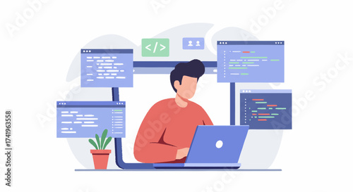 An illustration of a male developer coding on a laptop, surrounded by multiple floating screens displaying programming languages and data.
