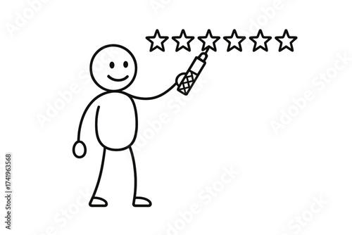 Stickman giving a five star rating. Customer review and feedback concept. User experience and satisfaction symbol. Client giving positive vote for best quality service. Excellent.