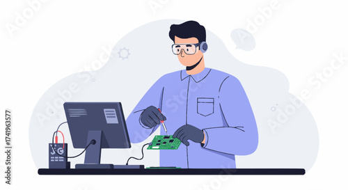 A male engineer in safety glasses and gloves meticulously tests a green circuit board at a desk with a computer monitor and multimeter.