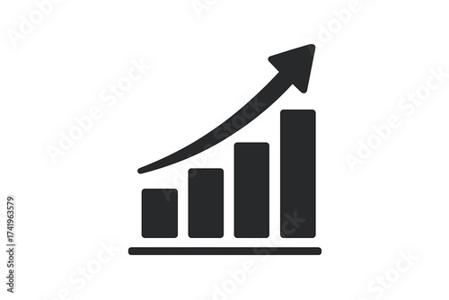 Growing bar graph icon. Business chart with arrow up. Financial success symbol. Profit growth, data analysis, market trend, investment return, progress report vector.