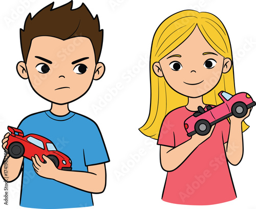 Children holding toy cars, boy with red race car, girl with pink convertible, childhood playtime, friendship, emotions, lifestyle, cad drawing flat vector illustration