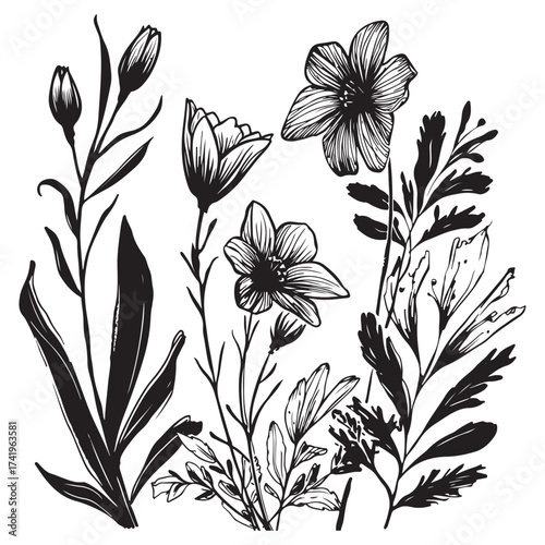 Abstract floral art background template. Botanical watercolor hand-drawn flowers brush line art design - Vector illustration