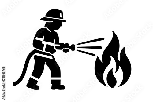 Firefighter icon spraying water on fire. Fireman with hose extinguishing flame. Emergency service, rescue worker symbol. Vector silhouette for safety and protection concepts.