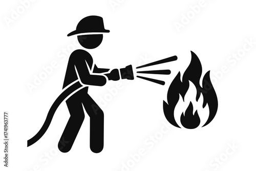 Firefighter extinguishing fire with water hose spray. Fireman icon, rescuer symbol. Emergency service, safety, protection concept. Vector silhouette illustration of a hero.