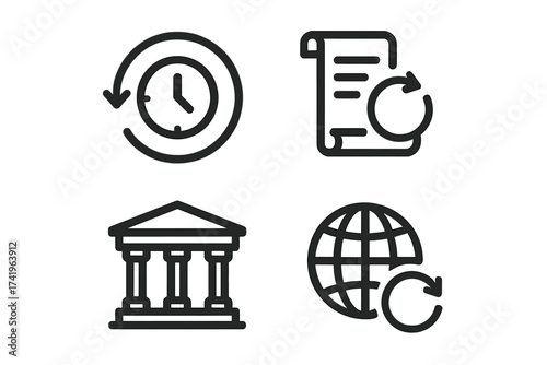 History icon set. Vector line symbols for recent events, activity log, time update, document version, browser history, government, law, bank records. Pictogram collection.