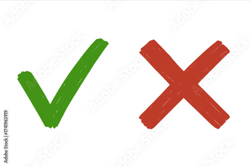 Hand-drawn check mark and cross set. Green tick and red X symbol. Yes or no vote icon. Right wrong choice concept. Approve reject sign. Correct incorrect vector illustration.