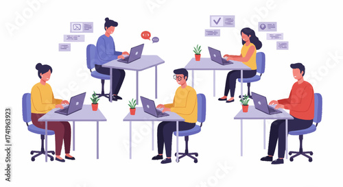 Illustration depicts a diverse group of individuals working on laptops at desks, engaged in various activities.