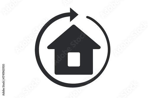 House icon with 360 degree rotation arrow. Virtual tour and panoramic view symbol for real estate. Home refresh, return, or property update concept. Vector pictogram design.