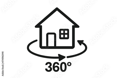 House 360 degree virtual tour icon. Real estate property panoramic view symbol. Interactive home tour concept with full rotation arrow. Line art vector graphic illustration.