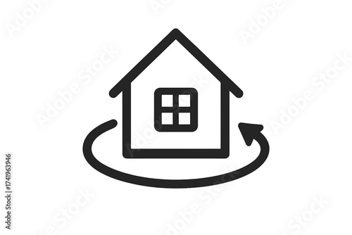 House with rotation arrow icon. 360 degree full view concept. Vector for virtual tour, real estate technology. Property panorama symbol. Architecture interactive element.