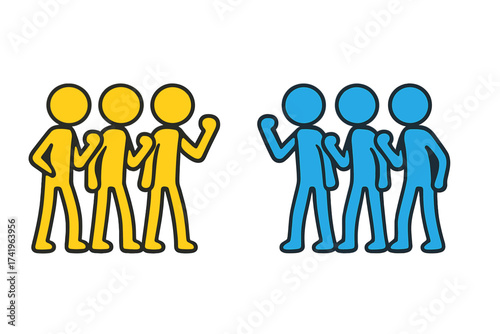 Team yellow vs team blue stick figures. Concept of opposition, conflict, rivalry, and competition. Two groups of people facing each other. Metaphor for business or social clash.