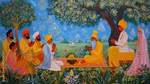 A serene gathering in a forest with a spiritual leader speaking to a group of followers around a fire, illuminated by soft light, depicting a moment of wisdom and enlightenment