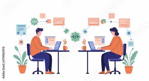Two individuals working on laptops, connected by data visualizations and coding symbols, with coffee cups.
