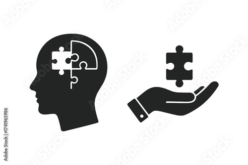 Psychology concept icon. Head with puzzle and hand with jigsaw piece for solution. Mental health, memory loss, dementia, or Alzheimer's metaphor. Therapy and support symbol.