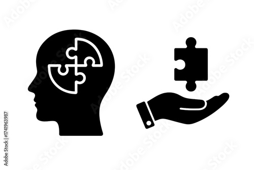 Human head with puzzle for psychology and therapy. Mental health, memory loss, Alzheimer concept. Hand holding jigsaw piece as a metaphor for solution and problem solving.