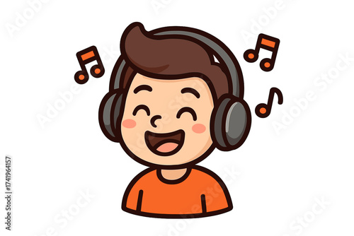 Happy cartoon character listening to music with headphones. Cute joyful boy enjoying a song or podcast. Vector icon for audio streaming services, sound apps, and playlist themes.