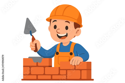 Construction worker building a brick wall. Happy builder character. Cartoon mason with a trowel. Man in a helmet at work. Professional bricklayer. Home renovation, repair concept.