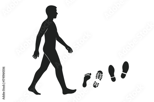 Human walking silhouette leaving different footprints. Barefoot step, shoe print and boot sole track. Choice, path or evolution concept. Man walking vector icon illustration set.