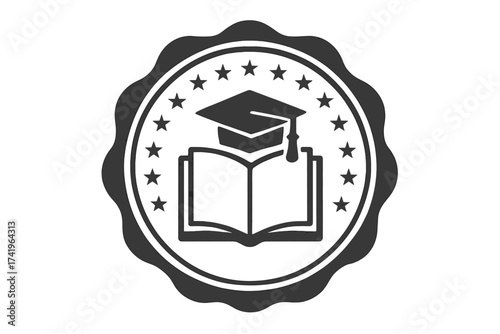 Education emblem with graduation cap and open book. Knowledge concept in a round vintage seal. Grunge university certificate stamp icon. Academic achievement symbol vector.