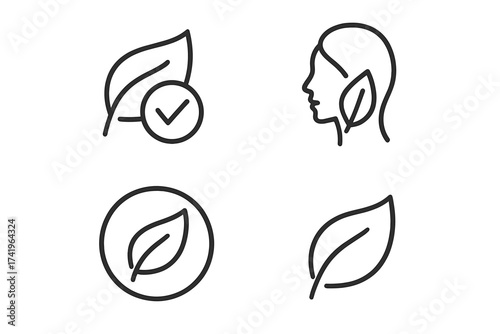 Natural cosmetic icon set. Hypoallergenic and dermatologically tested symbols. Organic skincare and beauty product labels. Eco friendly, vegan, and plant-based vector signs.