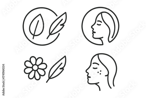 Hypoallergenic cosmetic icon set. For sensitive skin. Natural ingredients symbol. Dermatology tested label. Plant based beauty product vector logo. Feather light concept.