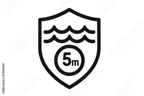 IPX8 waterproof label 5m depth. Water-resistant icon with sea in shield symbol. Immersion standard badge sign for product packaging. Vector for technology products.
