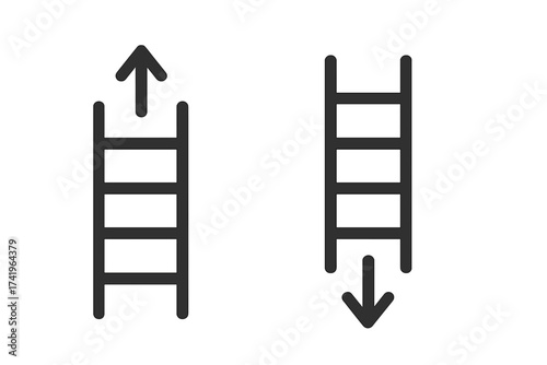 Ladder up and down icon set. Metaphor for business career growth, success or failure and decline. Ascent and descent symbol. Step to progress or regress vector illustration.