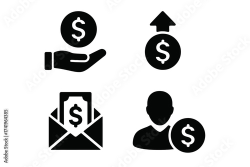 Money and finance icon set. Earning salary, income growth vector symbols. Includes cash payment, profit increase, and user finance concepts for business and banking apps.