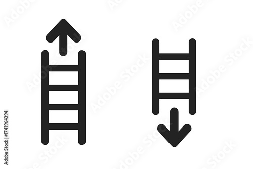 Ladder icon set with up and down arrows. Metaphor for career growth, success, progress versus failure, demotion, descent. Business concept of promotion or regress. Vector symbol.